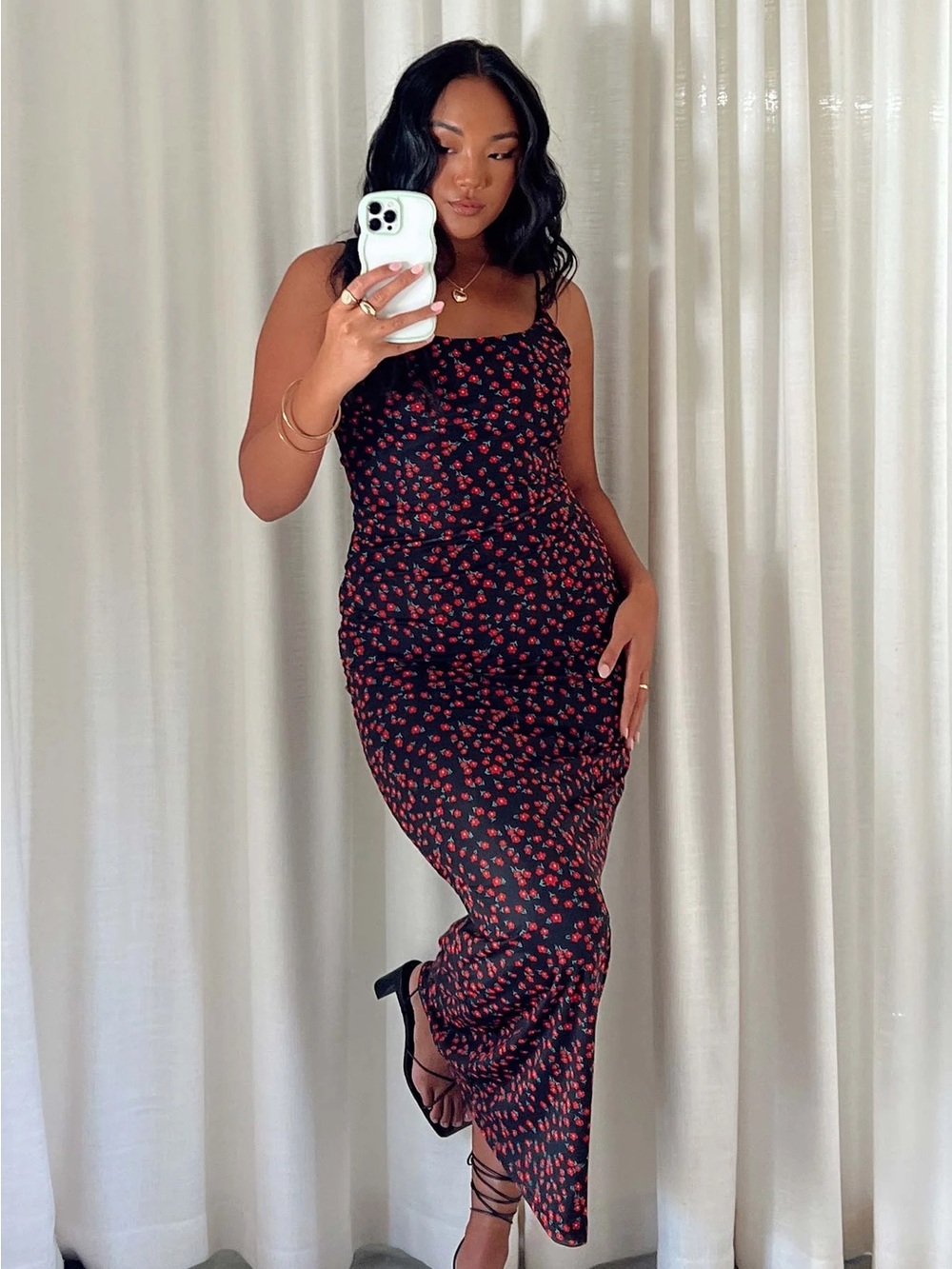 Princess Polly Knox Maxi Slip Dress Red Floral Print